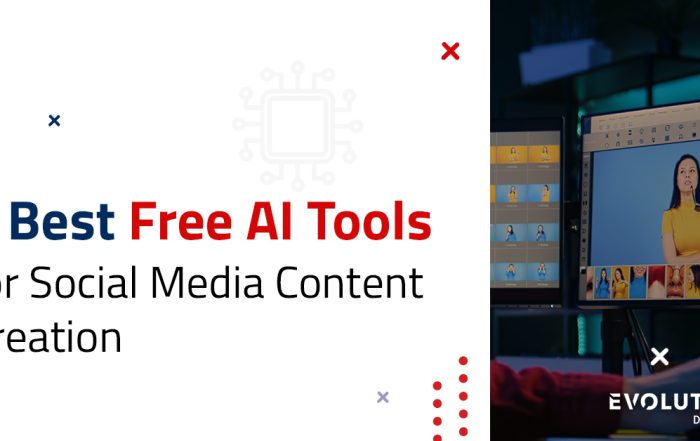 Graphic with the text “5 Best Free AI Tools for Social Media Content Creation” on the left. On the right, a computer screen shows a woman in a yellow top being edited with multiple thumbnails visible. Evolution Digital logo is at the bottom right.