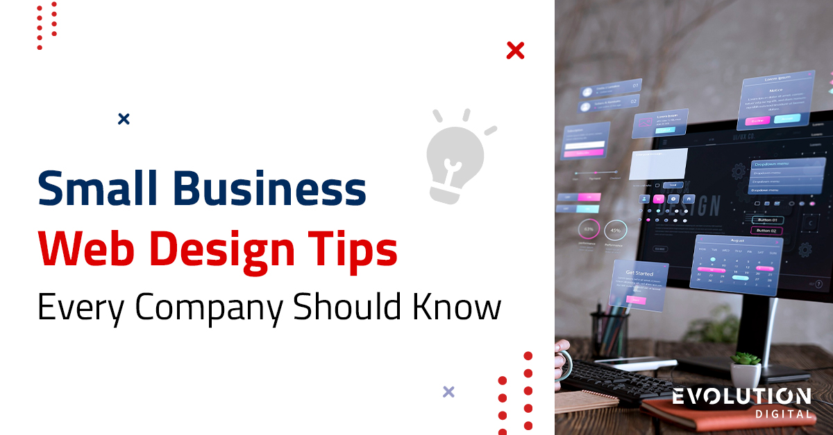 Small business web design tips shown on a modern website interface displayed on a desktop screen
